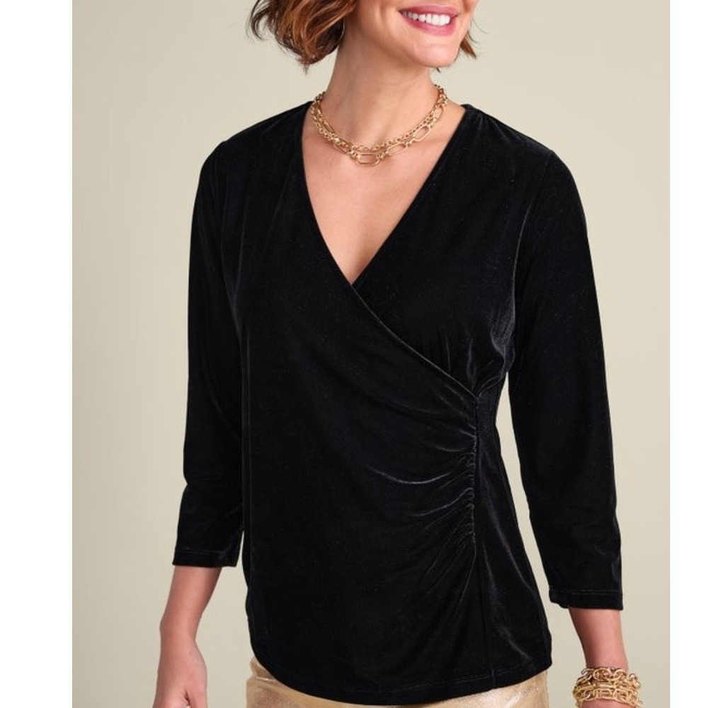 Soft Surroundings Alyssa Knit Velvet 3/4 Sleeve Top in Black Size Small